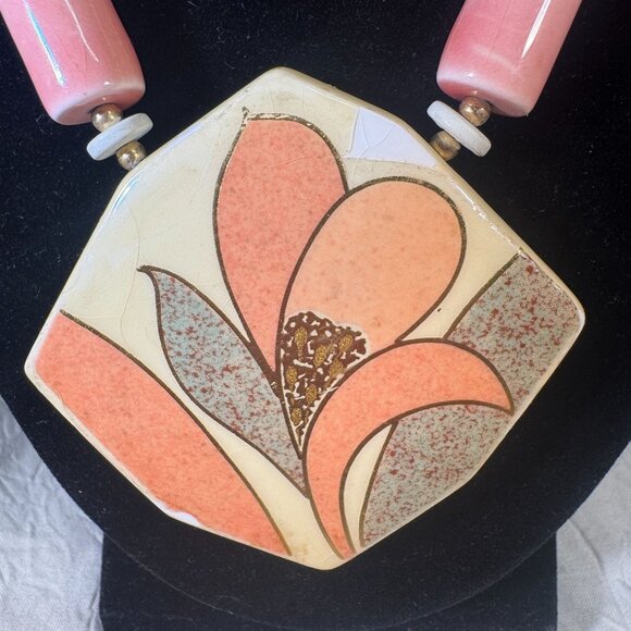 Vintage Handmade porcelain & bead Necklace With Floral Pendant From Japan - Picture 2 of 11